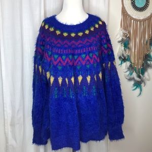 Royal Blue Sweater Southwestern Print Fuzzy Plus